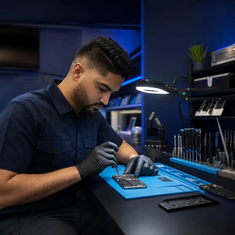 Expert local technician meticulously repairing a smartphone motherboard