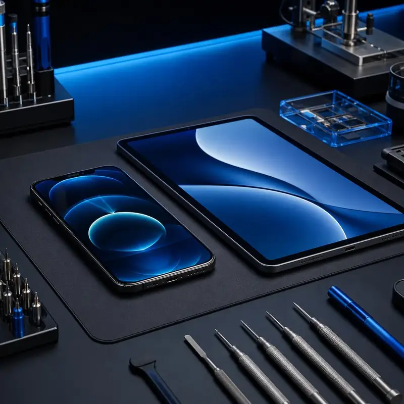 Illustrative smartphone and tablet devices on a workstation